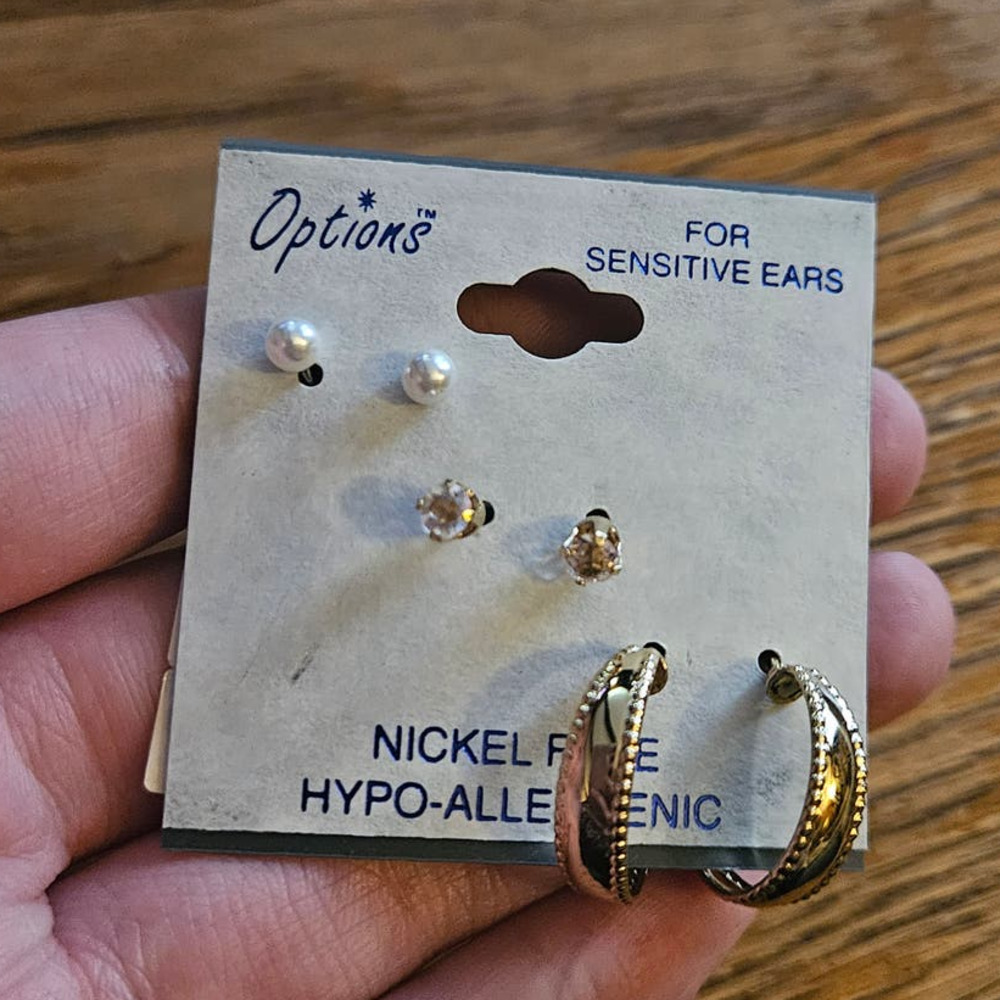 NEW! Options 3PC Set of Faux Pearl & Rhinestone Stud & Half Hoop Earrings